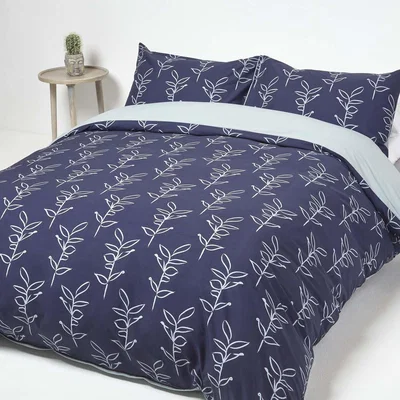 The Range Blue Leaf Printed Duvet Cover Set with Pillowcase - Blue / Superking