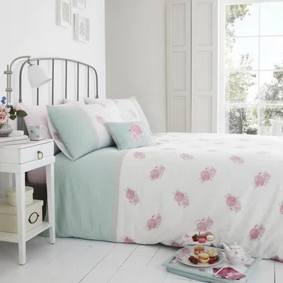 The Range Victoria Rose Duck Egg Duvet Cover and Pillowcase Set - Duck Egg / Superking