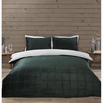 The Range Halston Check Fleece Duvet Cover and Pillowcase Set - Green / Superking