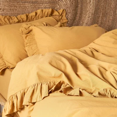 Sazy Ruby 100% Turkish Cotton Duvet Cover Set + Fitted Sheet, Mustard, Super King Size