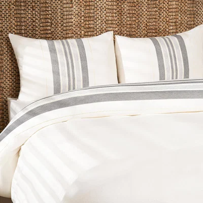 Sazy Cara Striped Turkish Cotton Duvet Cover Set + Fitted Sheet, Off-White - Anthracite Grey, Super King Size