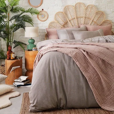 Sazy Anna Striped Turkish Cotton Duvet Cover Set + Fitted Sheet, Taupe, Super King Size