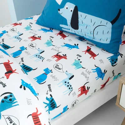 Dunelm Catherine Lansfield Blue Woofing Dogs Fitted Sheet White/Blue/Red