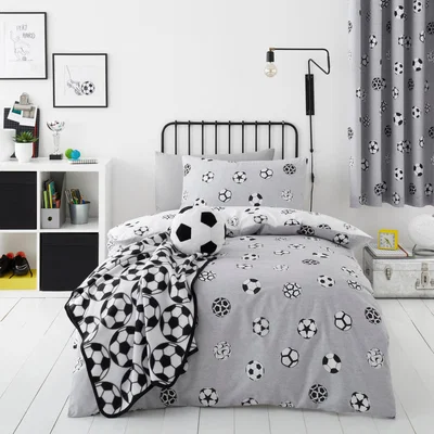 Dunelm Football Grey and White Reversible Duvet Cover and Pillowcase Set Light Grey