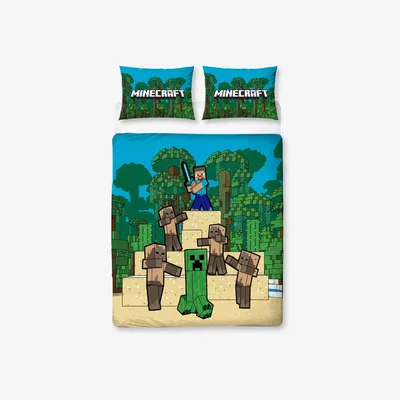John Lewis Minecraft Reversible Duvet Cover and Pillowcase Set, Green/Multi