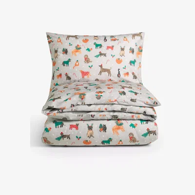 John Lewis little home at John Lewis Christmas Party Pets Duvet Cover and Pillowcase Set, Grey/Multi