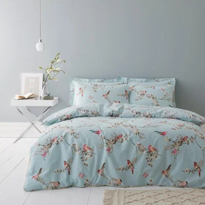 Dunelm Beautiful Birds Duck-Egg Duvet Cover and Pillowcase Set Duck Egg Blue