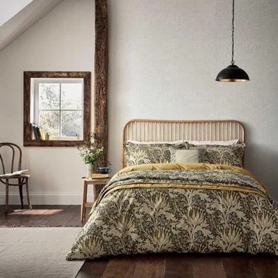 Downtown Morris & Co Morris and Co Artichoke Charcoal and Mustard Duvet Cover Set - Double, Cotton, Embroidered