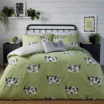 Downtown Fusion Daisy Cow Green Duvet Cover Set - Double, Cotton, Striped - Green/White/Black