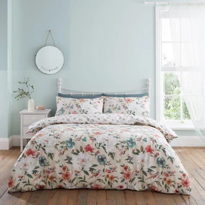 Downtown Catherine Lansfield Pippa Floral Birds Duvet Cover Set - Double In Blue/orange