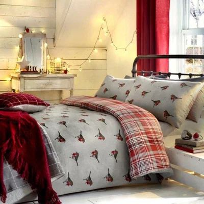 Downtown Fusion Dreams and Drapes Robin Brushed Cotton Grey and Red Duvet Cover - Double, Tartan Check