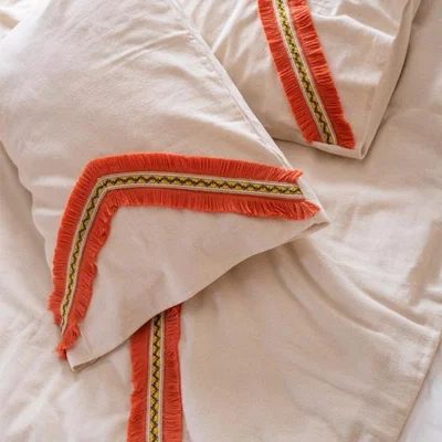 The Range Organic Linen Tile Tasseled Double and Single Duvet Cover and Pillowcase Set - White - Orange / Double