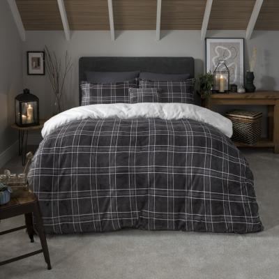The Range Check Printed Fleece Duvet Cover and Pillowcase Set - Grey / Double