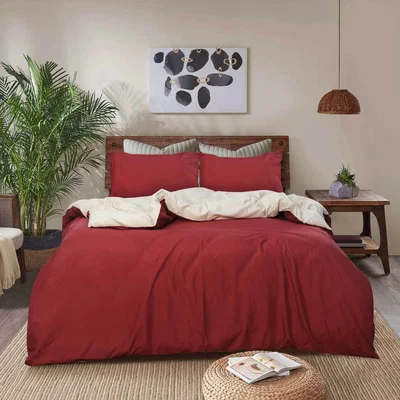 The Range Burgundy and Beige Reversible Duvet Cover Set - Burgundy / King