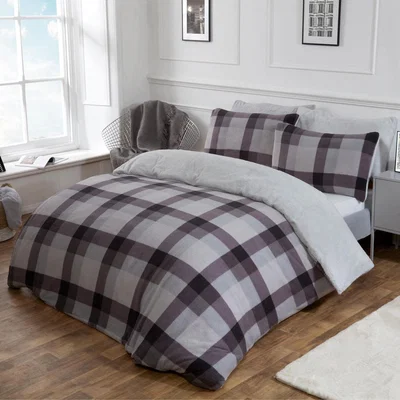 The Range Dreamscene Check Teddy Fleece Duvet Cover Bedding Set - Grey / King