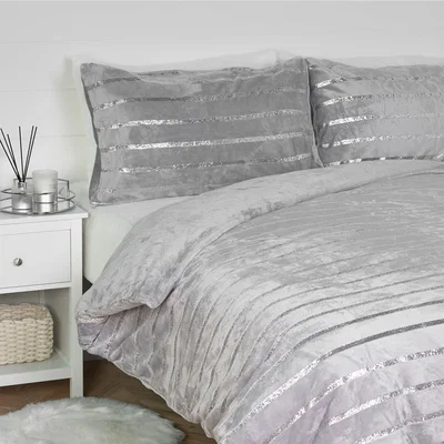 The Range Sparkle Stripe Fleece Duvet and Pillowcase Set - Silver / King size