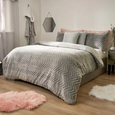The Range Sienna Herringbone Flannel Fleece Duvet Cover Bedding Set - Silver / King