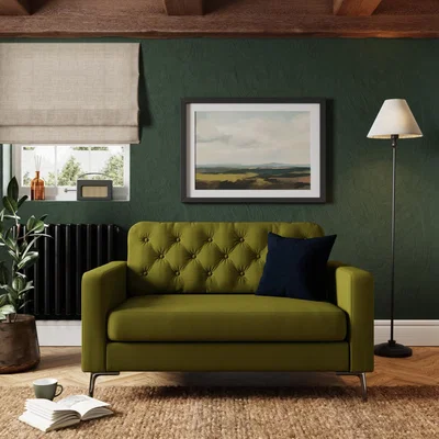Dunelm Jacob Velvet Buttoned Compact 2 Seater Sofa Olive