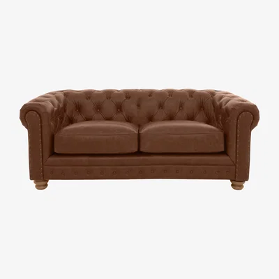 Furniture Village Alexander and James - Chesterfield Collection Hugo 2 Seater Leather Sofa - Satchel Pepper with Studs - Oak Feet