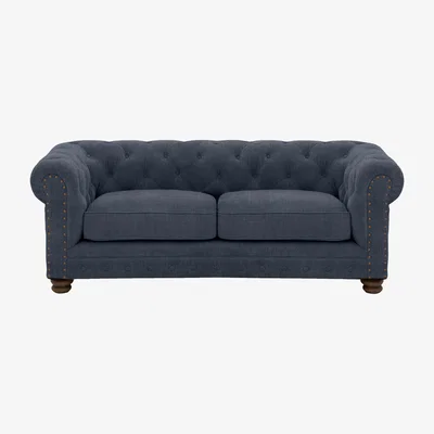 Furniture Village Alexander and James - Chesterfield Collection Hugo 2 Seater Fabric Sofa - Linen Denim with Studs - Dark Feet