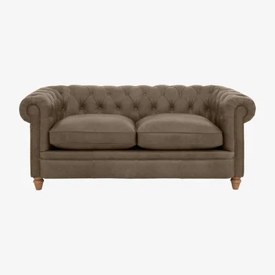 Furniture Village Alexander and James - Chesterfield Collection Ralph 2 Seater Leather Sofa - Taupe with Studs - Oak Feet