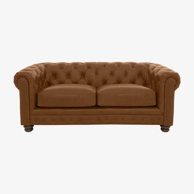 Furniture Village Alexander and James - Chesterfield Collection Hugo 2 Seater Leather Sofa - Satchel Latte with Studs - Dark Feet