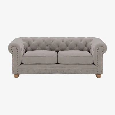 Furniture Village Alexander and James - Chesterfield Collection Hugo 2 Seater Fabric Sofa - Chamonix Silver with Studs - Oak Feet