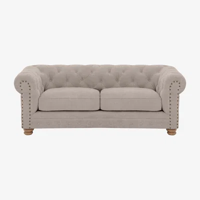Furniture Village Alexander and James - Chesterfield Collection Hugo 2 Seater Fabric Sofa - Linen Sand with Studs - Oak Feet