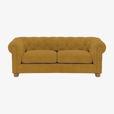 Furniture Village Alexander and James - Chesterfield Collection Hugo 2 Seater Fabric Sofa - Turmeric with Studs - Oak Feet