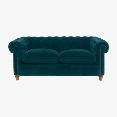 Furniture Village Alexander and James - Chesterfield Collection Ralph 2 Seater Fabric Sofa - Chamonix Teal - Oak Feet with Studs