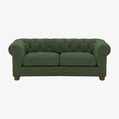 Furniture Village Alexander and James - Chesterfield Collection Hugo 2 Seater Fabric Sofa - Highland Green with Studs - Dark Feet
