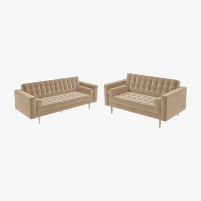 Furniture123 Mid Century Quilted Beige Velvet 3 Seater and 2 Seater Sofa Set - Elba