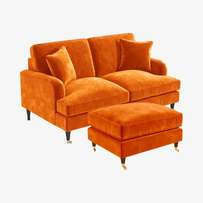 Furniture123 Orange Velvet 2 Seater Sofa and Footstool Set - Payton