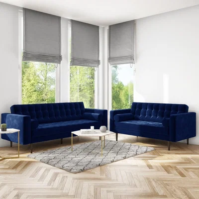 Furniture123 Mid Century Quilted Navy Blue Velvet 3 Seater and 2 Seater Sofa Set - Elba