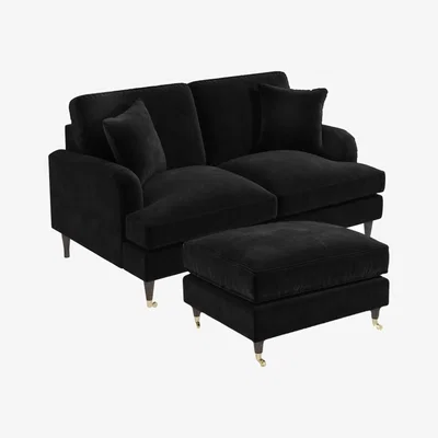 Furniture123 Black Velvet 2 Seater Sofa and Footstool Set - Payton