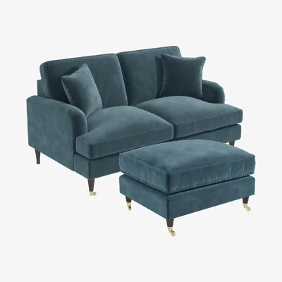 Furniture123 Petrol Blue Velvet 2 Seater Sofa and Footstool Set - Payton