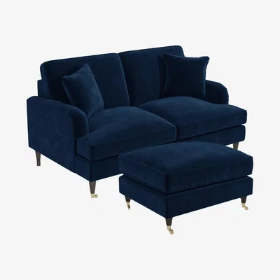 Furniture123 Navy Velvet 2 Seater Sofa and Footstool Set - Payton