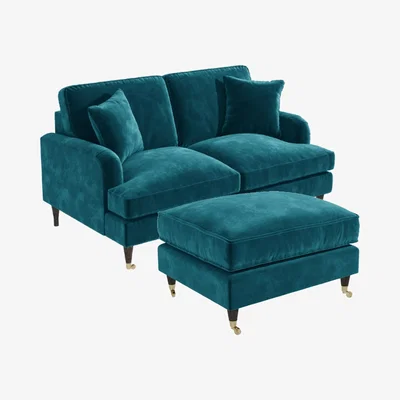Furniture123 Teal Velvet 2 Seater Sofa and Footstool Set - Payton