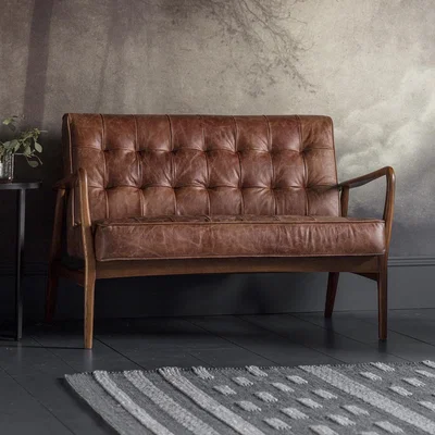 Knees Hemming Leather 2 Seater Sofa - Brown