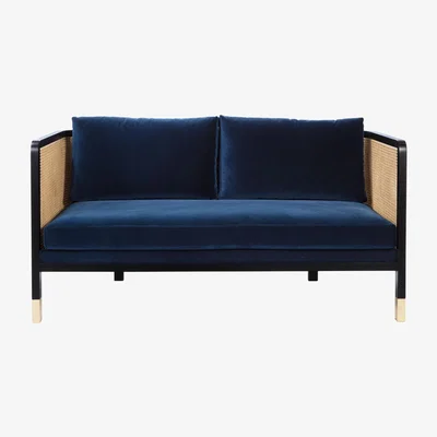 Made in Design Cannage Straight sofa - / L 160 cm - Velvet by RED Edition Blue/Beige/Natural wood