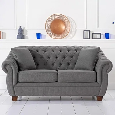 Oak&More Lilly Chesterfield Grey Linen Fabric Two-Seater Sofa