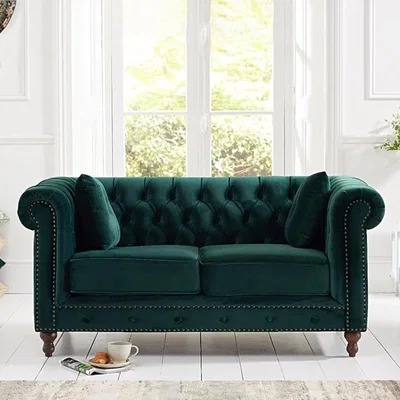Oak&More Milano Chesterfield Green Plush Velvet 2 Seater Sofa