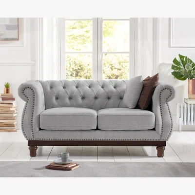 Oak&More Harrow Chesterfield Grey Linen Fabric 2 Seater Sofa