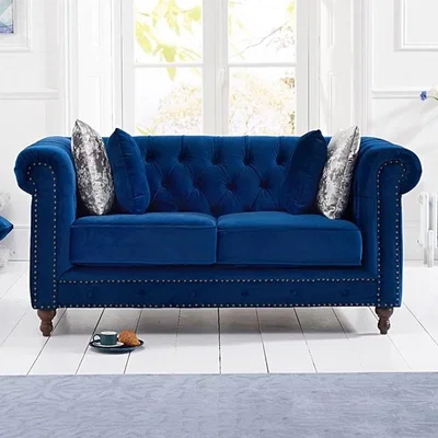 Oak&More Milano Chesterfield Blue Plush Velvet 2 Seater Sofa