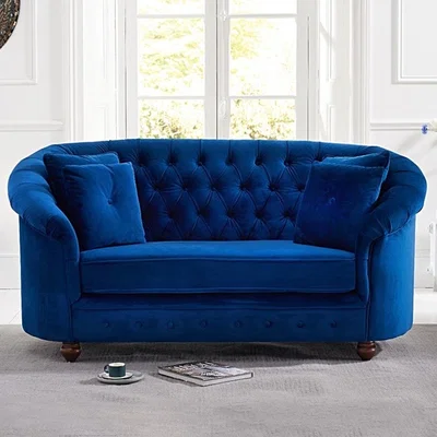 Oak&More Chloe Chesterfield Blue Plush Velvet Two-Seater Sofa