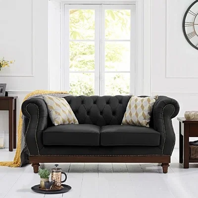 Oak&More Henbury Chesterfield Black Leather 2 Seater Sofa