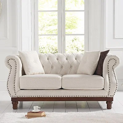 Oak&More Henbury Chesterfield Ivory Linen Fabric 2 Seater Sofa