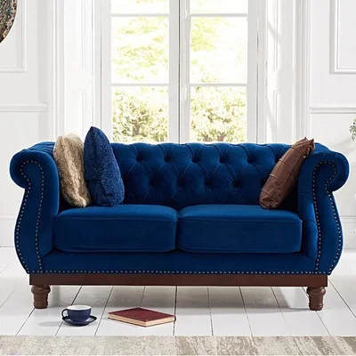 Oak&More Henbury Chesterfield Blue Plush Velvet 2 Seater Sofa