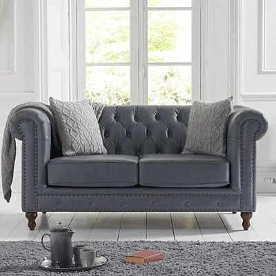 Oak&More Milano Chesterfield Grey Leather 2 Seater Sofa