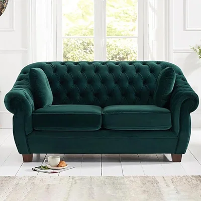Oak&More Lilly Chesterfield Green Plush Velvet Two-Seater Sofa